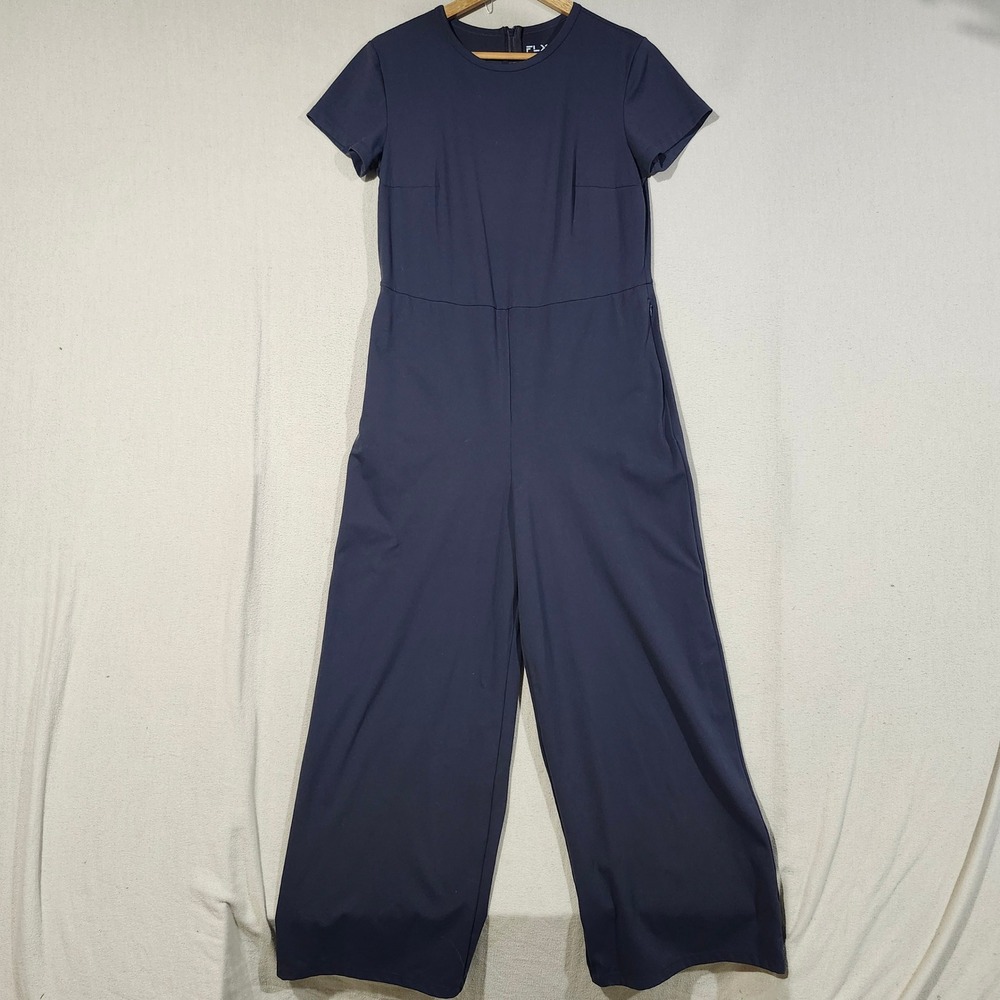 FLX Urban Commuter Jumpsuit Women Medium Navy Blue Short Sleeve Wide Leg Stretch